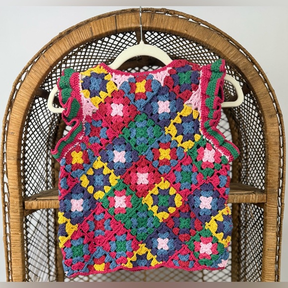 Farm Rio Crochet Square Vest Colorful Cotton Sleeveless Ruffle Size S NWT - Picture 6 of 7